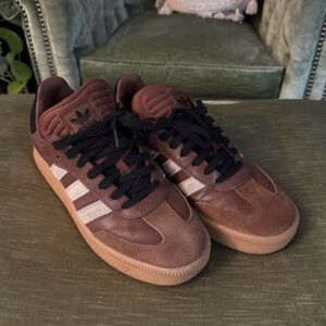 adidas Men’s Brown Leather Sneakers with Cream Stripes